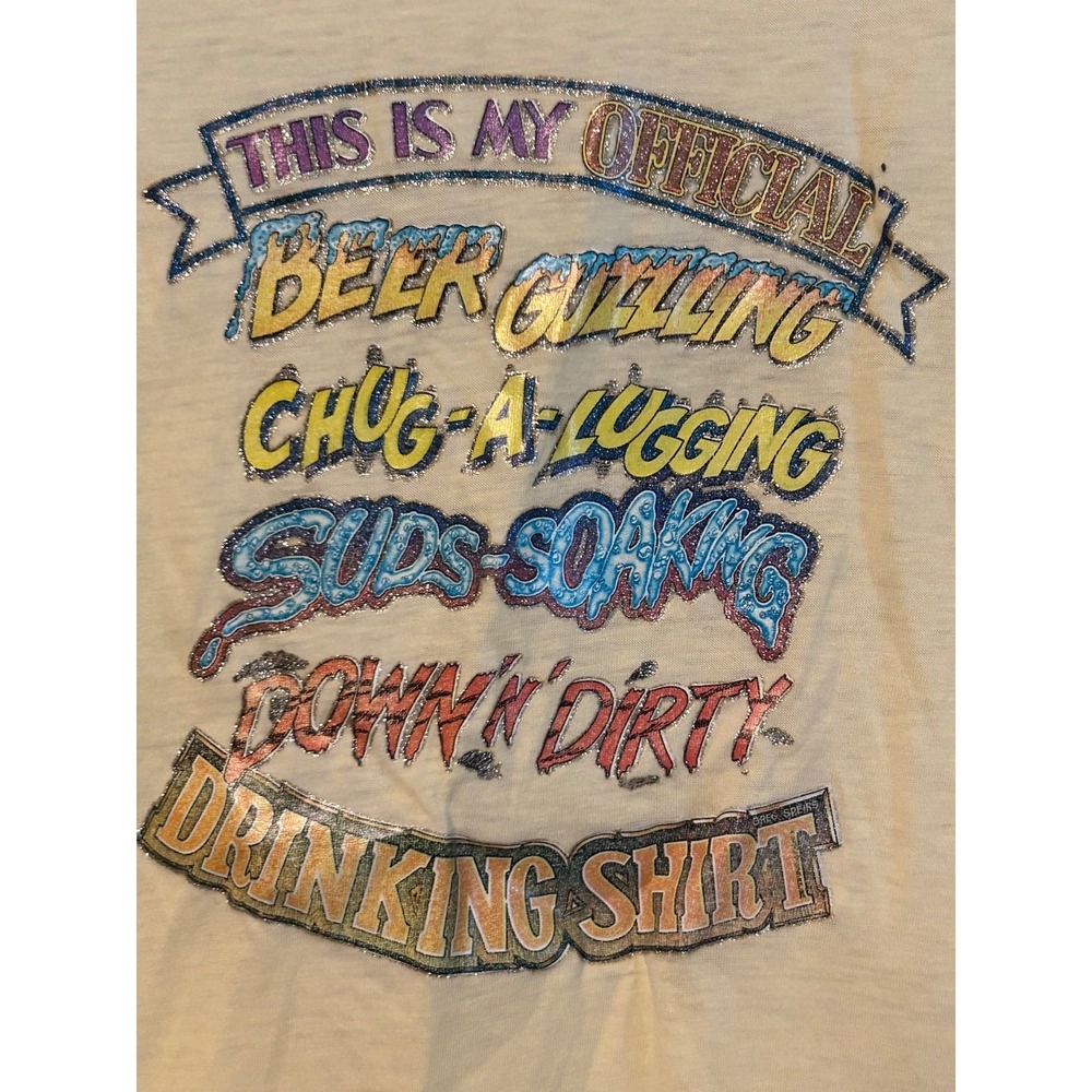 VTG 70s/80s Official Beer Drinking Shirt Glitter Iron On Size M Funny Novelty